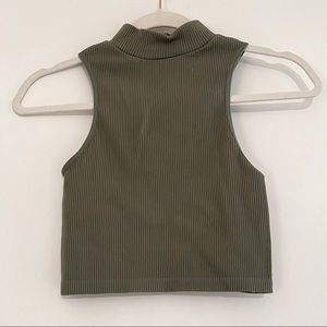 Zara Sage Green Ribbed Short Sleeve Turtle Neck Crop Top